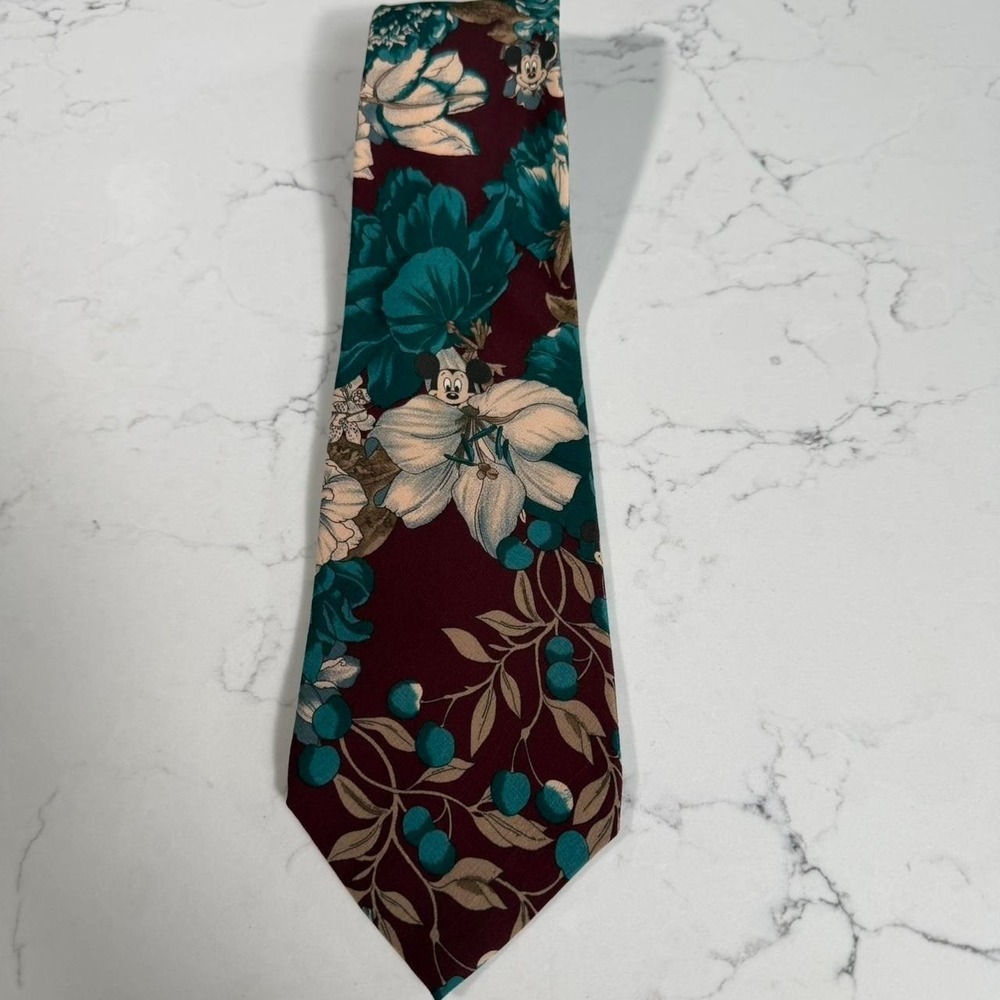 Vintage Walt Disney Company Hidden Mickey Floral Silk Tie Cleban Burgundy